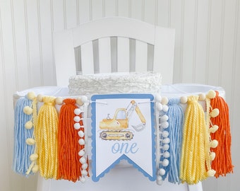 Banner de borlas de hilo para silla alta de cumpleaños de construcción, banner para silla alta, banner de fondo para aplastar pastel, primer cumpleaños,