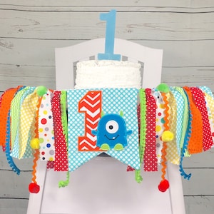 Monster 1st Birthday High Chair Banner, Boy Highchair Banner, Cake Smash Banner, Wall Garland, 1st Birthday Decor, Orange, Lime, and Aqua