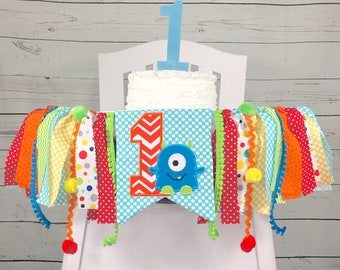Monster 1st Birthday High Chair Banner, Boy Highchair Banner, Cake Smash Banner, Wall Garland, 1st Birthday Decor, Orange, Lime, and Aqua