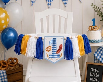 Oktoberfest First Birthday High Chair Banner, One Year Old Boy Birthday Decor, Blue Gingham Bavarian Party Decorations
