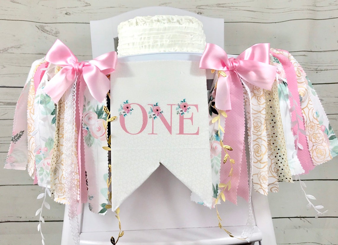 Floral Pink and Gold 1st Birthday High Chair Banner, Fabric Banner ...
