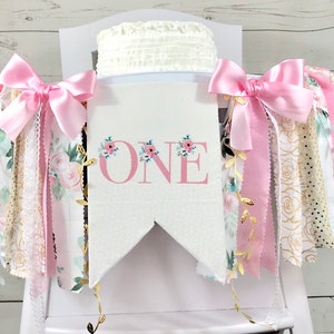 Floral Pink and Gold 1st Birthday High Chair Banner, Fabric Banner, High Chair Tutu, Pink and Gold Birthday, 1st Birthday, Wall Garland Bann