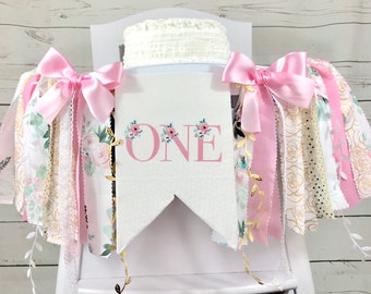 Floral Pink and Gold 1st Birthday High Chair Banner, Fabric Banner, High Chair Tutu, Pink and Gold Birthday, 1st Birthday, Wall Garland Bann