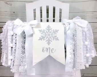 Winter ONEderland Fabric High Chair Tutu, Silver ONEderland HighChair Banner, Garland, Ice Princess Party, Snowflake Banner, Silver