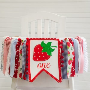 Pink Red Blue Strawberry Picnic Birthday High Chair Fabric Banner, Can Do Custom Themes, High Chair Banner, 1st Birthday Cake Smash,