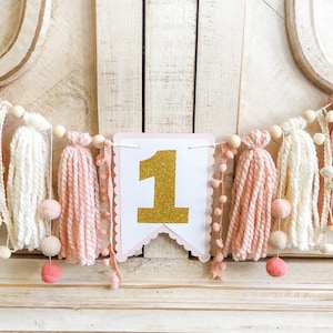 Blush Birthday High Chair Yarn Tassel Banner, High Chair Banner, Cake Smash Backdrop Banner, First Birthday