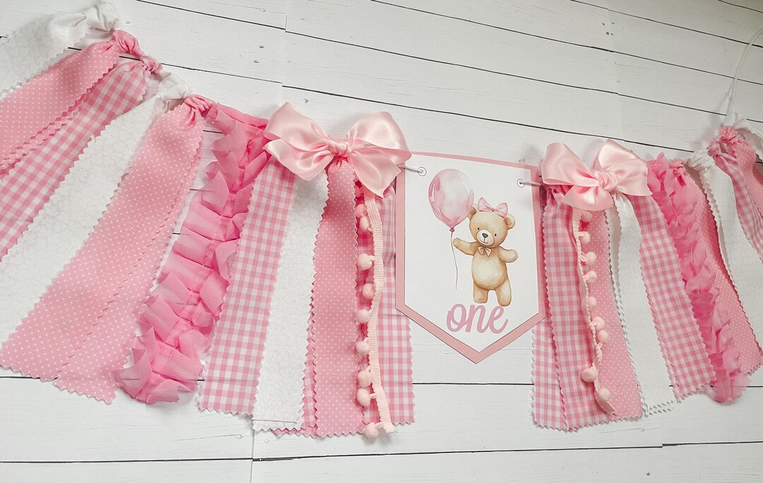 Bear Pink Balloon Beary 1st Birthday High Chair Fabric Banner, High ...