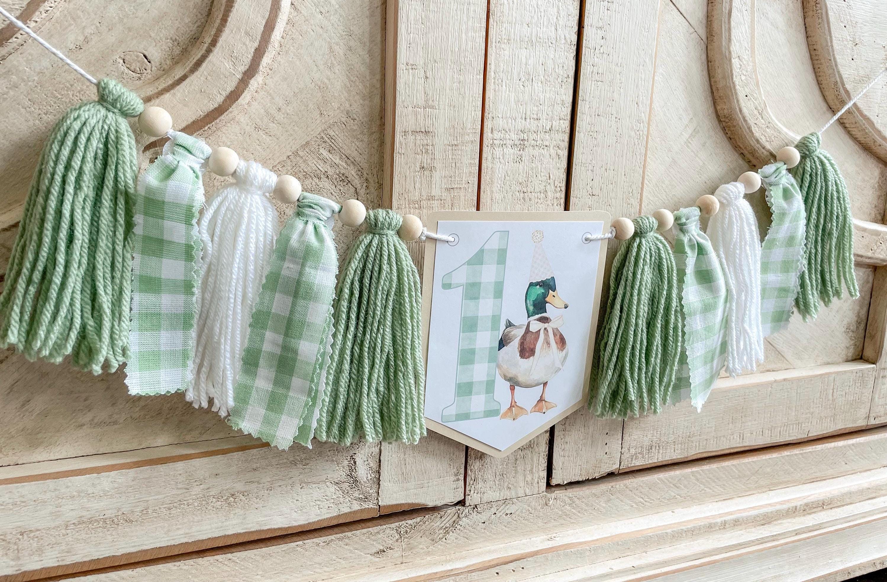 Sage Green Preppy Duck Gingham 1st Birthday Boy High Chair Yarn Tassel Banner, High Chair Banner, Cake Smash Backdrop Banner, First Birthday