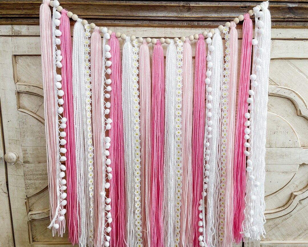 Boho Daisy Birthday High Chair Yarn Tassel Banner, Photography Backdrop ...