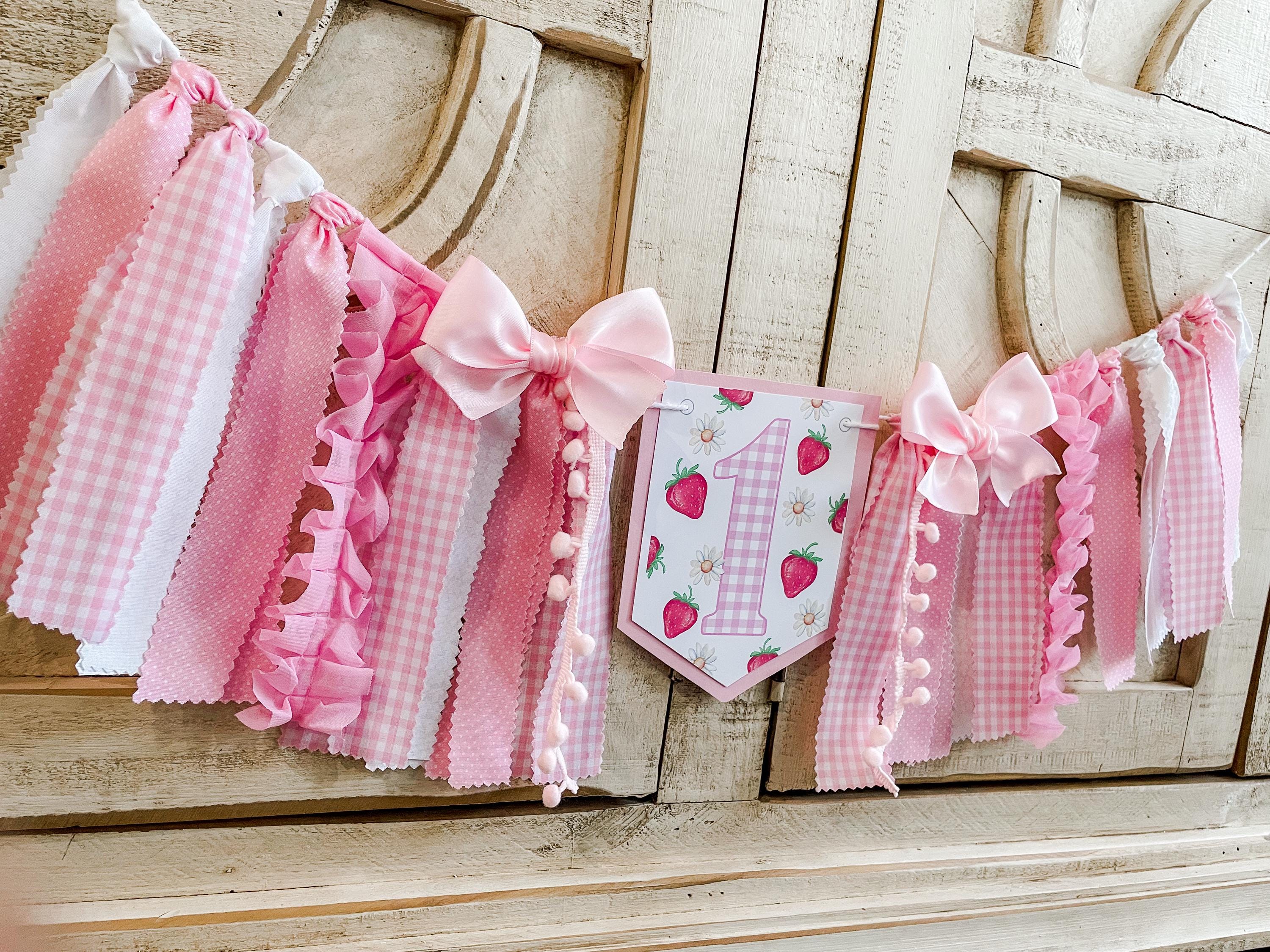 Pink Red Strawberry Daisy Picnic Birthday High Chair Fabric Banner, Can Do Custom Themes, High Chair Banner, 1st Birthday Cake Smash