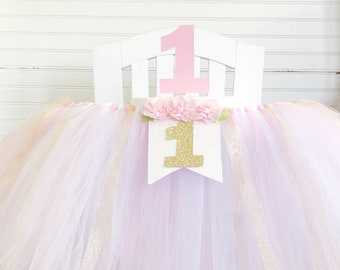 Pink and Gold Floral 1st Birthday High Chair Tulle Tutu, Princess Party, High Chair Banner, Cake Smash, ONE Banner