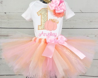 1st Birthday Pumpkin Tutu Outfit, Peach, Pink, Gold, Cake Smash Outfit, Our Little Pumpkin
