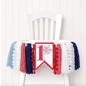 Patriotic Firework Red White Blue, High Chair Yarn Tassel Banner, High Chair Banner, Cake Smash Backdrop Banner, First Birthday,