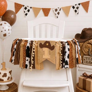 Banner de silla alta para primer cumpleaños de vaquero y rodeo, banner de tela para fiesta, banner para aplastar pastel, azul y marrón, banner de rodeo, guirnalda de fondo