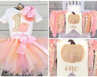 Pumpkin 1st Tutu Birthday Outfit and High Chair Banner Package, Wall Banner, Cake Smash, Our Little Pumpkin, Peach, Pink, Gold