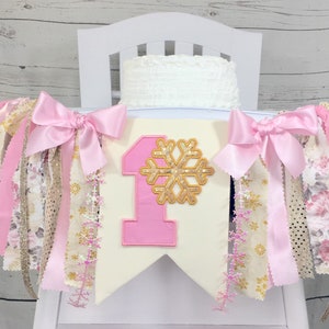 Winter ONEderland Fabric High Chair Tutu, Pink ONEderland HighChair Banner, Floral Snowflake Fabric Wall Garland, Ice Princess Party, Snowfl