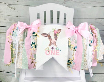 Floral Farm Barn Cow 1st Birthday High Chair Tutu, Can Do Custom Themes, High Chair Banner, 1st Birthday Cake Smash, HighChair Banner,