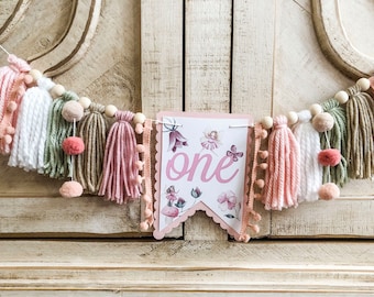 Boho Fairy Garden Wildflower Birthday High Chair Yarn Tassel Banner, High Chair Banner, Cake Smash Backdrop Banner, First Birthday