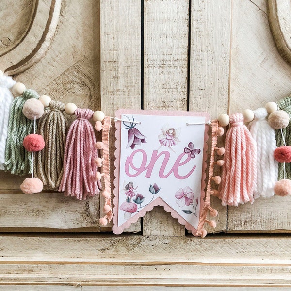 Boho Fairy Garden Wildflower Birthday High Chair Yarn Tassel Banner, High Chair Banner, Cake Smash Backdrop Banner, First Birthday