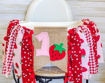 Pink Red Strawberry Picnic Birthday High Chair Fabric Banner, Can Do Custom Themes, High Chair Banner, 1st Birthday Cake Smash