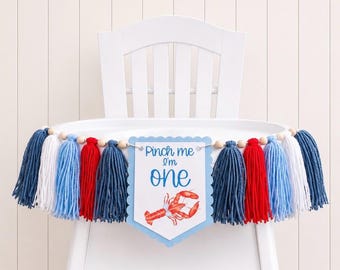 Crawfish Pinch Me I’m One Red White Blue, High Chair Yarn Tassel Banner, High Chair Banner, Cake Smash Backdrop Banner, First Birthday,