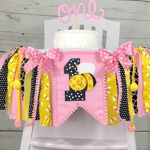Pink Bumble Bee Birthday High Chair Honey Bee Tutu, Fabric Banner, Can Do Custom Themes, High Chair Banner, 1st Birthday Cake Smash