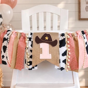 Cowgirl 1st Birthday High Chair Banner, Party Fabric Banner, Cake Smash Banner, Pink, Rodeo Banner, Backdrop Garland
