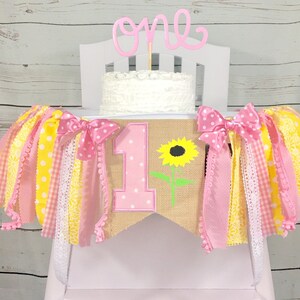 Pink Sunflower Picnic Birthday High Chair Tutu, Fabric Banner, Can Do Custom Themes, High Chair Banner, 1st Birthday Cake Smash