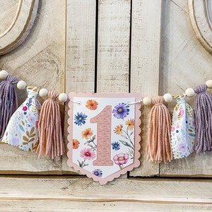 Boho Wildflower Birthday High Chair Yarn Tassel Banner, High Chair Banner, Cake Smash Backdrop Banner, First Birthday