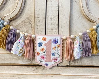 Boho Wildflower Birthday High Chair Yarn Tassel Banner, High Chair Banner, Cake Smash Backdrop Banner, First Birthday