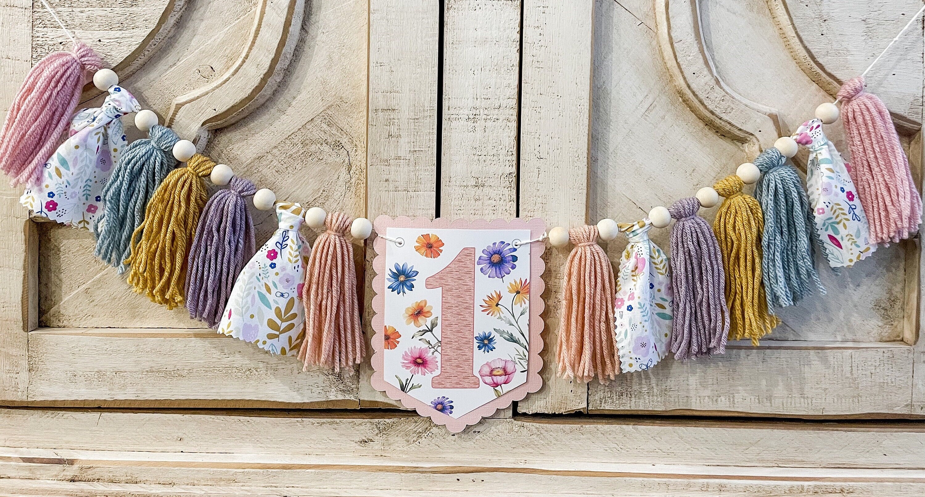 Boho Wildflower Birthday High Chair Yarn Tassel Banner, High Chair Banner, Cake Smash Backdrop Banner, First Birthday