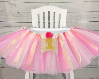 Pink and Gold Floral 1st Birthday High Chair Tulle Tutu, Princess Party, High Chair Banner, Cake Smash, ONE Banner