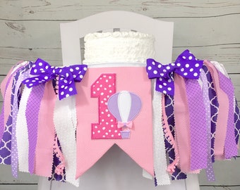 Hot Air Balloon 1st Birthday High Chair Banner, Fabric Banner, Pink, Lavender, Purple, Can Be Used As Wall Banner, High Chair Tutu, Garland