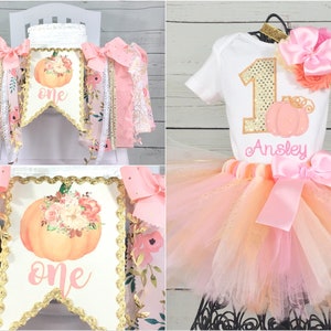 Ensemble de tenue d'anniversaire tutu floral 1er citrouille et chaise haute, bannière murale, smash de gâteau, notre petite citrouille, pêche, rose, or