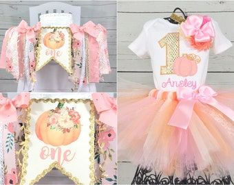 Floral Pumpkin 1st Tutu Birthday Outfit and High Chair Banner Package, Wall Banner, Cake Smash, Our Little Pumpkin, Peach, Pink, Gold