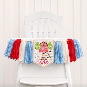 Farm Barn Party Animals 1st Birthday High Chair Yarn Tassel Banner, High Chair Banner, Cake Smash Backdrop Banner, First Birthday