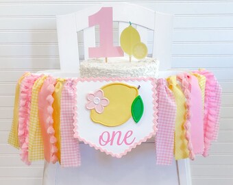 Freshly ONE Lemon 1st Birthday High Chair Tutu, Main Squeeze First Fabric Banner,  High Chair Banner, 1st Birthday Cake Smash