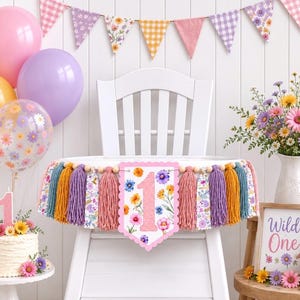 Wild and ONEderful Boho Wildflower Birthday High Chair Yarn Tassel Banner, High Chair Banner, Cake Smash Backdrop Banner, First Birthday