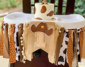 Cowboy Rodeo 1st Birthday High Chair Banner, Party Fabric Banner, Cake Smash Banner, Blue Brown, Rodeo Banner, Backdrop Garland