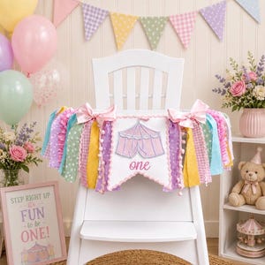 1st Birthday Pastel Circus High Chair Banner, Fabric Banner, Circus Birthday, Wall Garland, Carnival Birthday