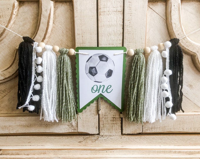 Soccer Birthday High Chair Yarn Tassel Banner, High Chair Banner, Cake Smash Backdrop Banner, First Birthday,