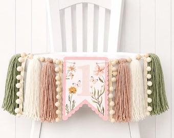 Guirnalda de borlas de hilo para silla alta de primer cumpleaños con mariposa silvestre y flor silvestre, guirnalda para silla alta, primer cumpleaños