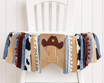 My First Rodeo Cowboy 1st Birthday High Chair Banner, Party Fabric Banner, Blue Brown, Rodeo Banner,