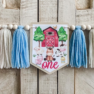 Farm Barn Animals 1st Birthday High Chair Yarn Tassel Banner, High Chair Banner, Cake Smash Backdrop Banner, First Birthday