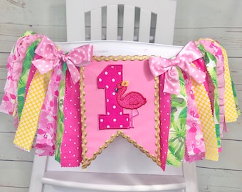 Tropical Flamingo 1st Birthday High Chair Banner, Fabric Banner, 1st Birthday Highchair Banner, 1st Birthday Banner