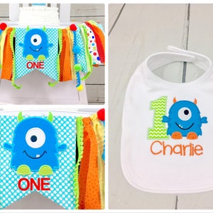 Monster 1st Birthday High Chair Banner, Birthday Bib, Boy Highchair Banner, Fabric Banner, Cake Smash Banner, Wall Garland, Birthday Decor