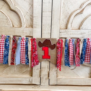 Cowboy 1st Birthday High Chair Banner, Party Fabric Banner, Cake Smash, Red Blue Brown, Rodeo Banner, Backdrop Garland, Cowgirl Banner