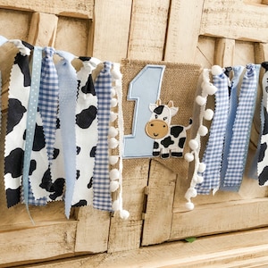 Cow 1st Birthday High Chair Banner, Party Fabric Banner, Cake Smash Banner, Blue Cow Print, Farm Banner, Backdrop Garland