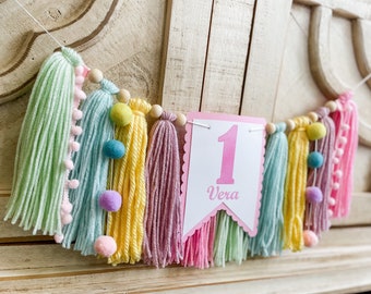 Candy Ice Cream Pastel Birthday High Chair Yarn Tassel Banner, High Chair Banner, Cake Smash Backdrop Banner, First Birthday