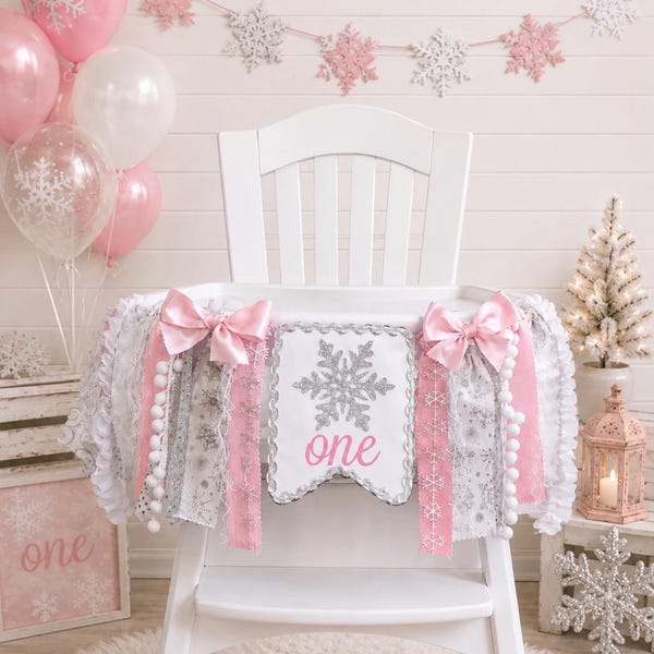 Winter ONEderland Fabric High Chair Tutu, Snowflake Banner, Pink ONEderland High Chair Banner, Garland, Ice Princess Party, Pink Silver